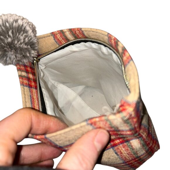 red khaki british nova check plaid wool zip pouch makeup bag - Picture 2 of 4